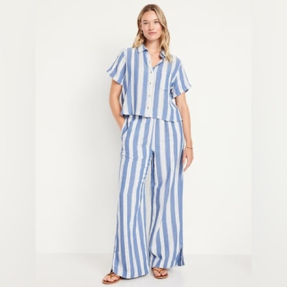 Women’s Striped Crinkle Gauze Wide-Leg Pants & Button-Up Set M